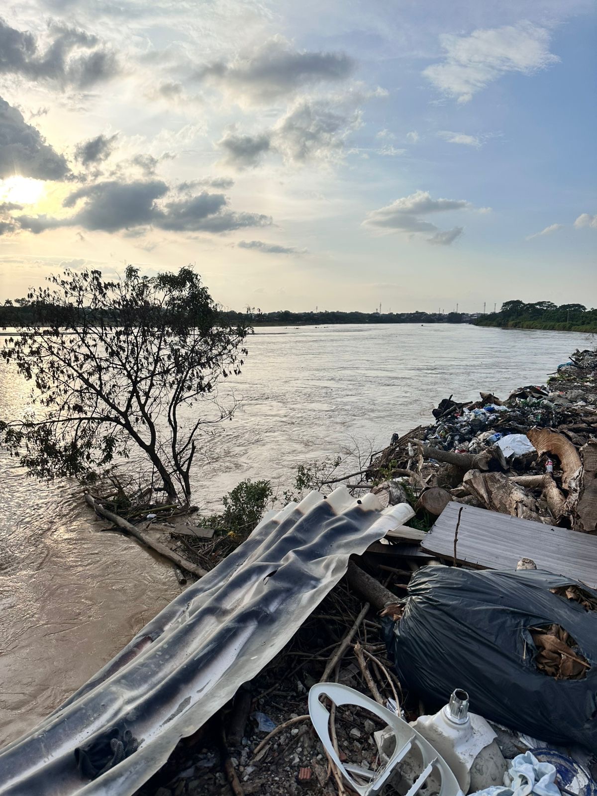 Riverbank waste at sunset